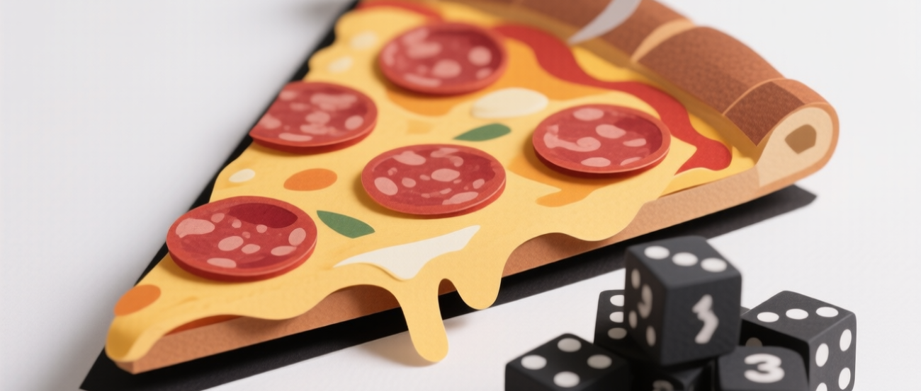 Ein Stück Pizza und daneben ein paar Schwarze Würfel